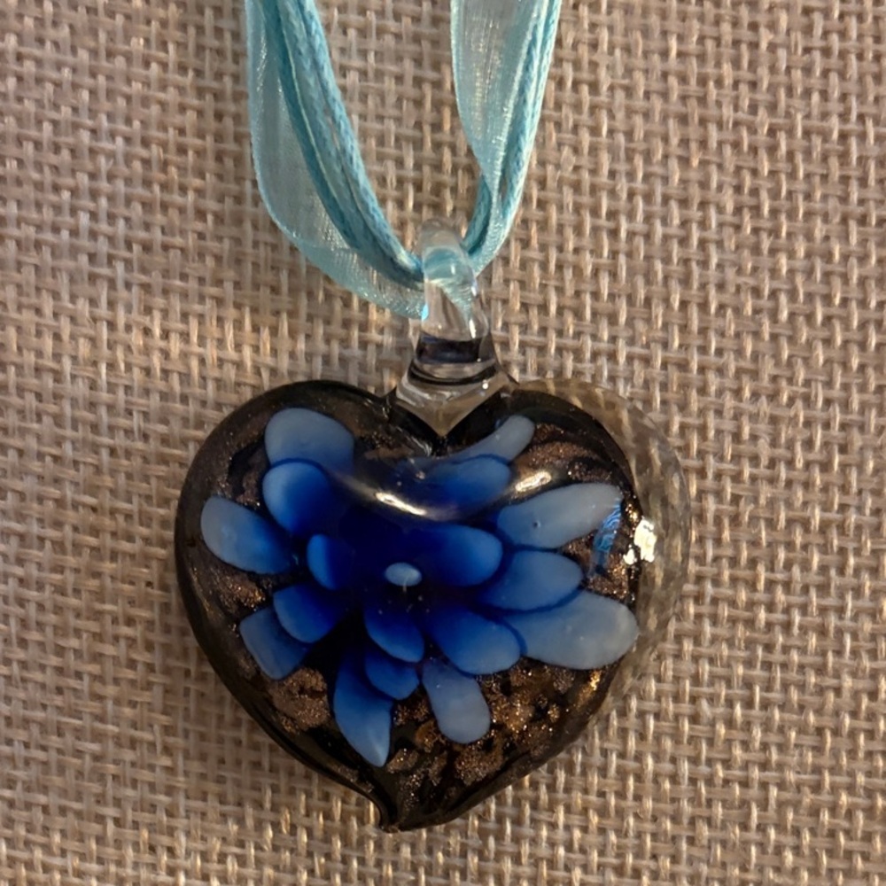 Blue Glass Blown Heart Pendant Necklace